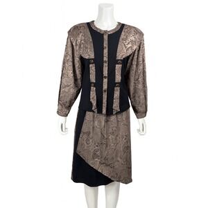 Cache Paris Womens 2 Piece Skirt Suit 4 Black‎ Tan Baroque Jacquard Vintage 80s